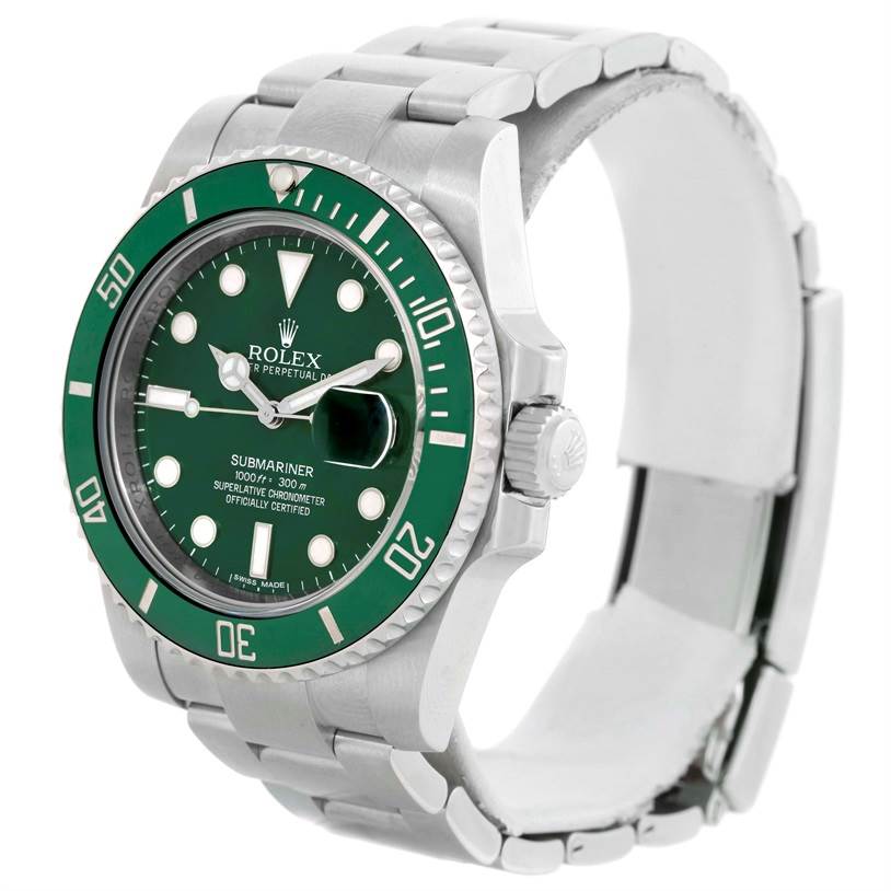 The image shows a Rolex Submariner 116610LV Men's Stainless Steel Green Dial 116610LV Men's Stainless Steel Green Dial watch angled from the front-left, highlighting its green bezel and dial.