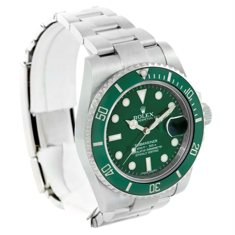 The image shows a Rolex Submariner 116610LV Men's Stainless Steel Green Dial 116610LV Men's Stainless Steel Green Dial displayed at a three-quarter angle, highlighting its green dial, bezel, and stainless steel bracelet.