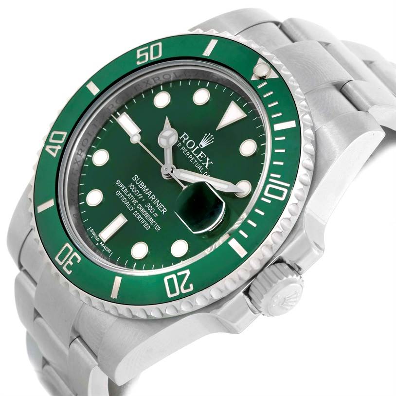 The image shows a close-up angle of a Rolex Submariner 116610LV Men's Stainless Steel Green Dial 116610LV Men's Stainless Steel Green Dial watch, displaying its green dial, bezel, and part of the bracelet.