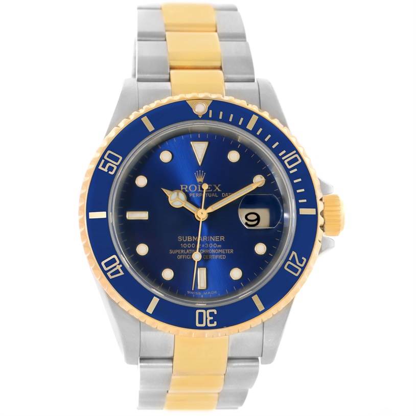The image shows a front view of a Rolex Submariner 16613 Men's Steel and Gold (two tone) Blue Dial 16613 Men's Steel and Gold (two tone) Blue Dial watch featuring a blue dial, gold accents, and a metal bracelet.