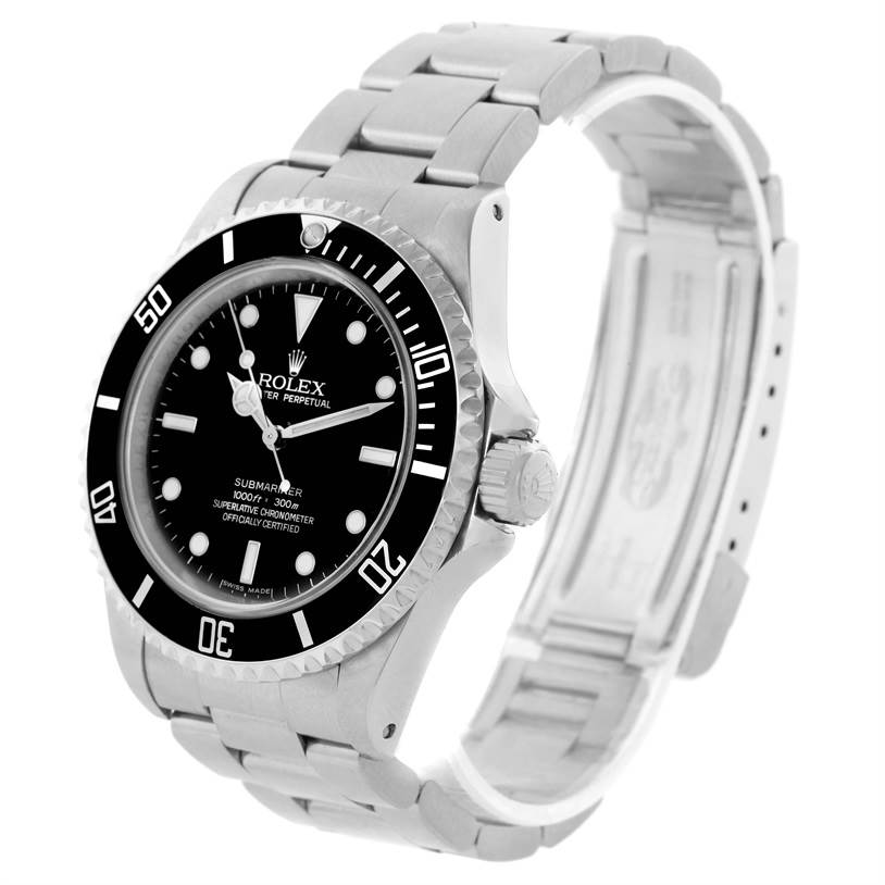 The image shows a Rolex Submariner 14060 Men
s Stainless Steel Black Dial 14060 Men
s Stainless Steel Black Dial watch at a three-quarter angle, detailing the watch face, bezel, crown, and bracelet.