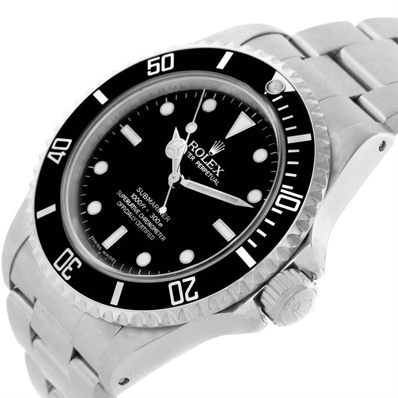 The image shows a side and front angle of a Rolex Submariner 14060 Men
s Stainless Steel Black Dial 14060 Men
s Stainless Steel Black Dial watch, highlighting its bezel, dial, and bracelet.