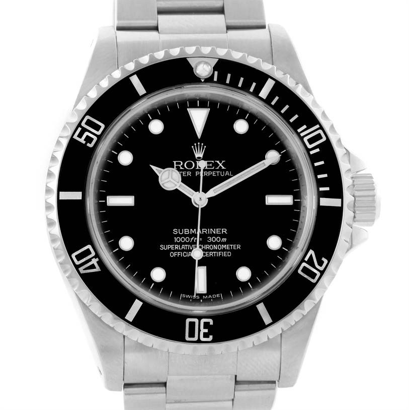 The image shows a front view of a Rolex Submariner 14060 Men
s Stainless Steel Black Dial 14060 Men
s Stainless Steel Black Dial watch, displaying its black dial, bezel, and bracelet.