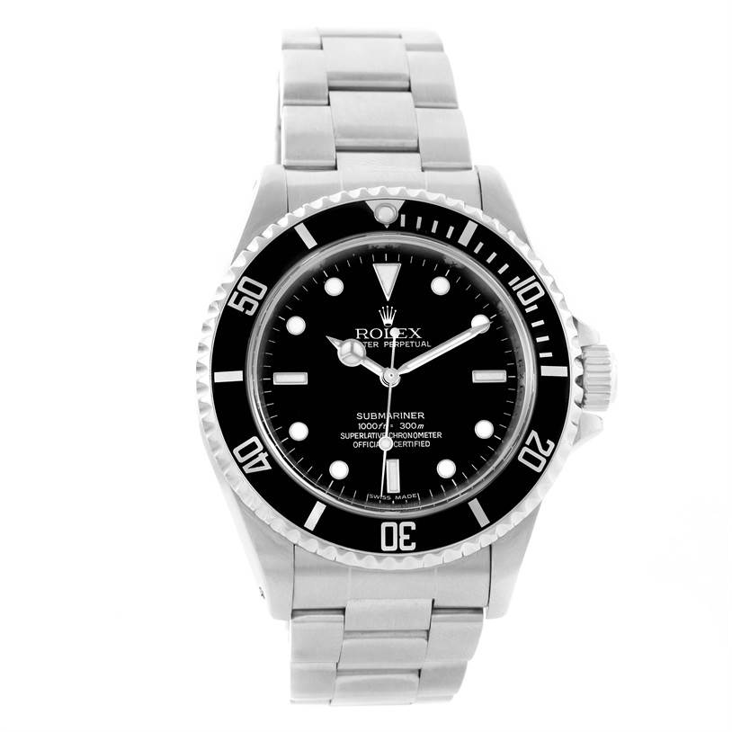 The image shows a front view of a Rolex Submariner 14060 Men
s Stainless Steel Black Dial 14060 Men
s Stainless Steel Black Dial watch, displaying its dial, bezel, and bracelet.