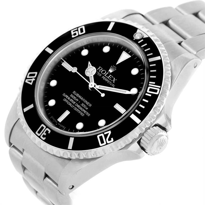 The image shows a Rolex Submariner 14060 Men
s Stainless Steel Black Dial 14060 Men
s Stainless Steel Black Dial watch from an angled side view, highlighting the black dial, bezel, crown, and stainless steel bracelet.