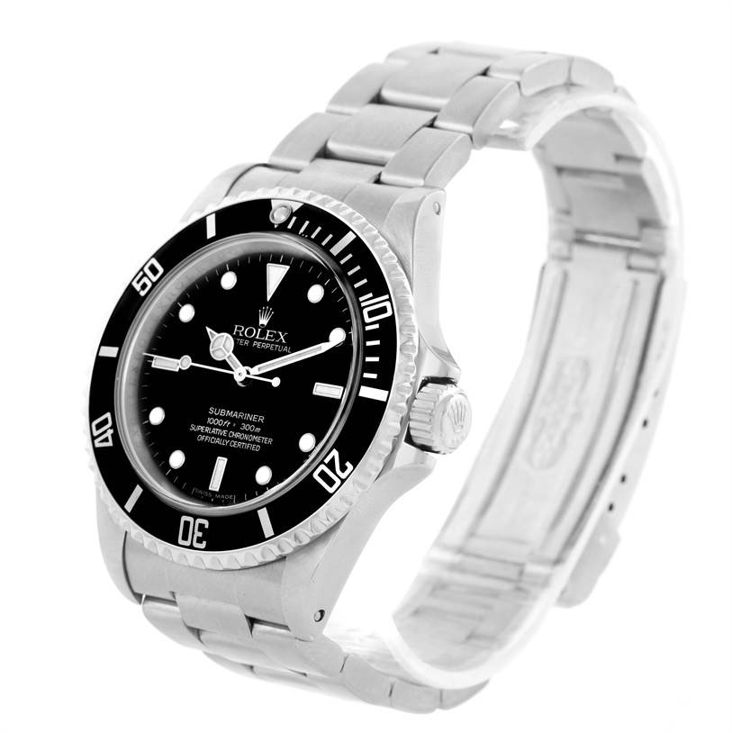The Rolex Submariner 14060 Men
s Stainless Steel Black Dial 14060 Men
s Stainless Steel Black Dial watch is shown at an angled view, highlighting the face, bezel, crown, and bracelet.