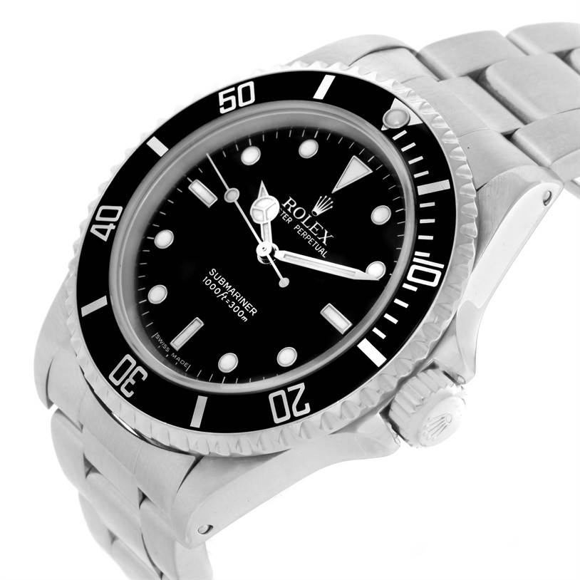 This image shows a Rolex Submariner 14060 Men
s Stainless Steel Black Dial 14060 Men
s Stainless Steel Black Dial watch at a slight angle, highlighting the bezel, dial, crown, and bracelet.