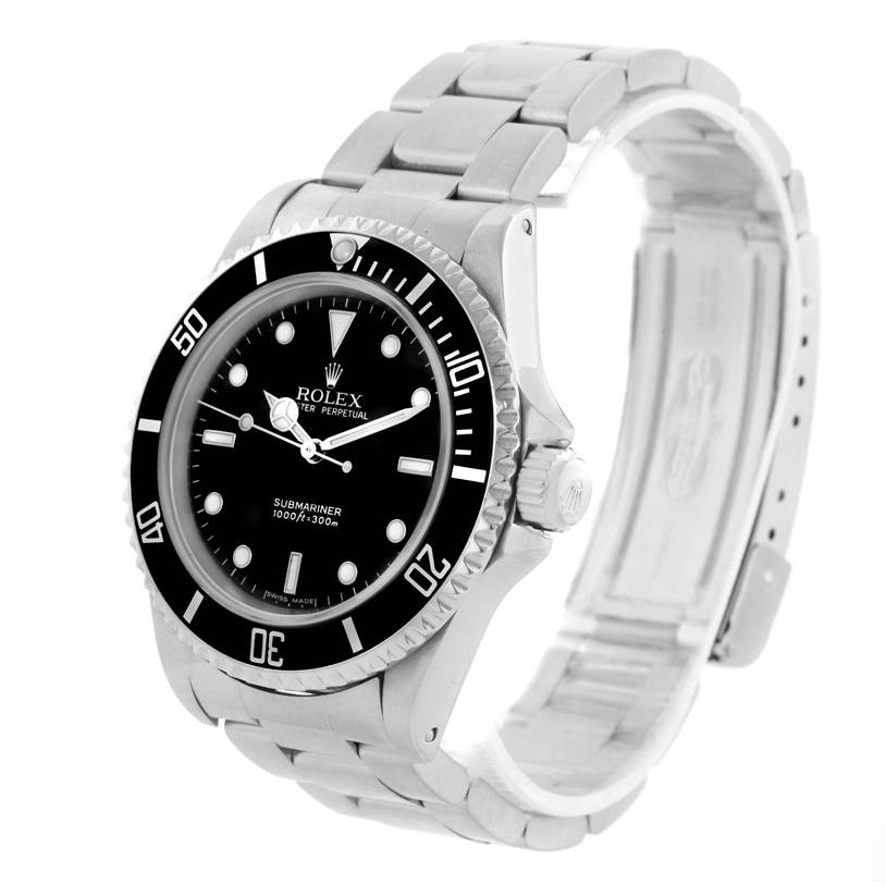 This image shows a Rolex Submariner 14060 Men
s Stainless Steel Black Dial 14060 Men
s Stainless Steel Black Dial watch from a three-quarter angle, highlighting its face, crown, case, and bracelet.