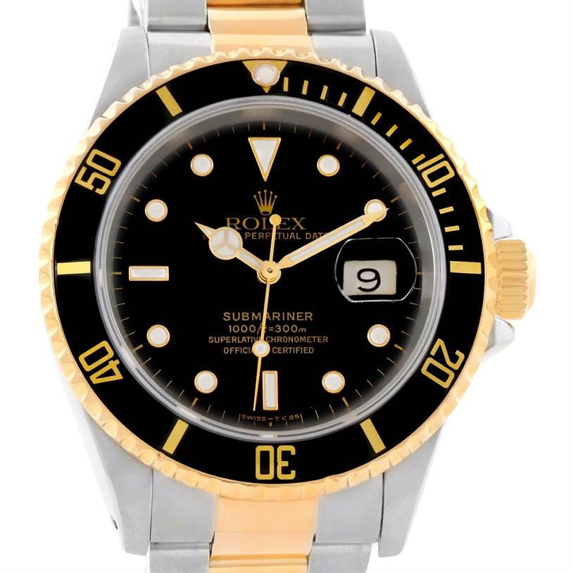This image shows a front view of a Rolex Submariner 16613 Men's Steel and Gold (two tone) Black Dial 16613 Men's Steel and Gold (two tone) Black Dial watch, highlighting its black dial, gold accents, and date window.