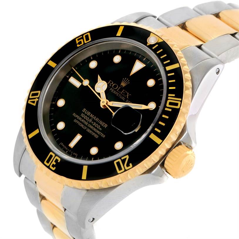 The image shows a close-up angle of the Rolex Submariner 16613 Men's Steel and Gold (two tone) Black Dial 16613 Men's Steel and Gold (two tone) Black Dial, highlighting its black dial, bezel, and two-tone metal bracelet.
