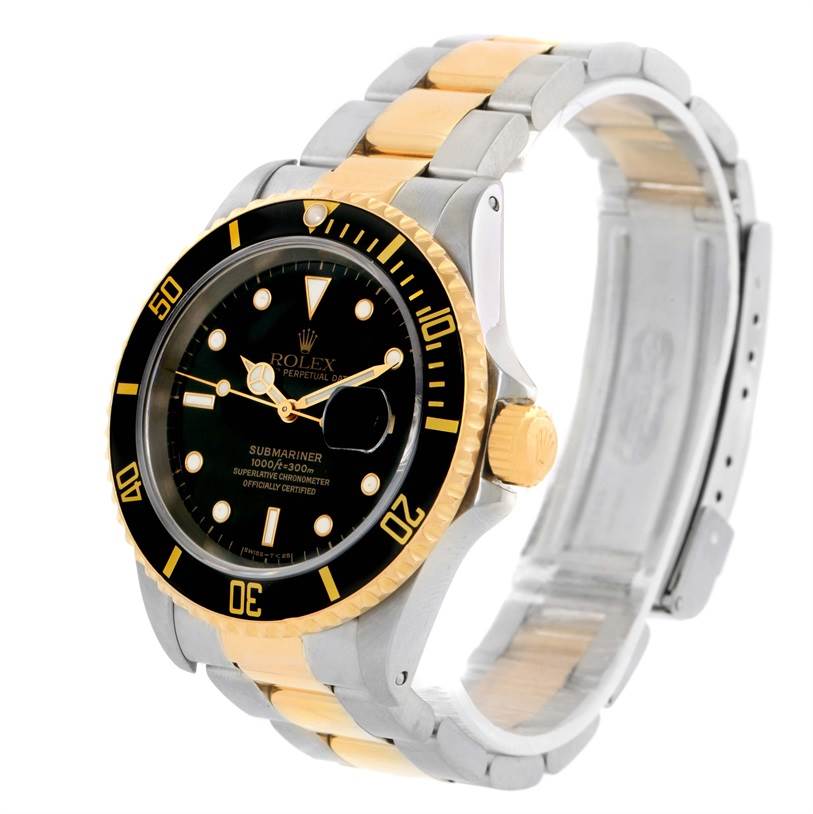 The image shows a Rolex Submariner 16613 Men's Steel and Gold (two tone) Black Dial 16613 Men's Steel and Gold (two tone) Black Dial watch at a side angle, displaying the bezel, crown, face, and two-tone bracelet.