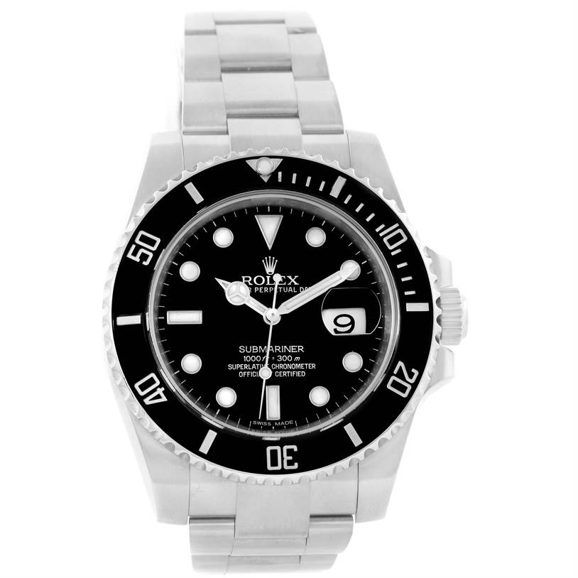 This image shows a front view of the Rolex Submariner 116610LN Men
s Stainless Steel Black Dial 116610LN Men
s Stainless Steel Black Dial, displaying the watch face, bezel, crown, and bracelet.