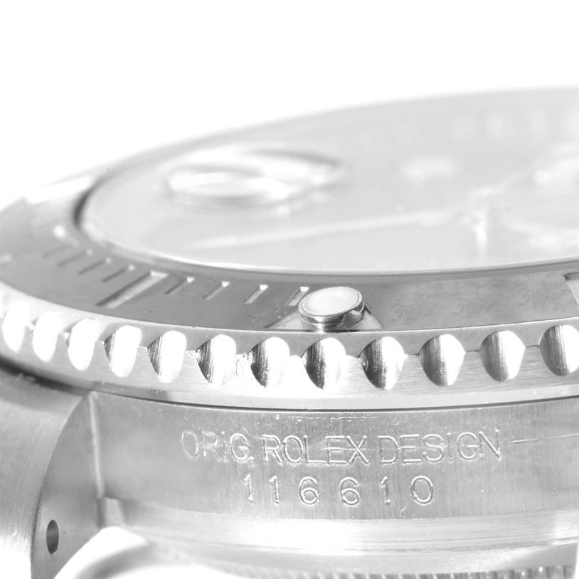 Close-up side angle of a Rolex Submariner 116610LN Men
s Stainless Steel Black Dial 116610LN Men
s Stainless Steel Black Dial, showing the case, bezel, and part of the dial with the model number engraved.