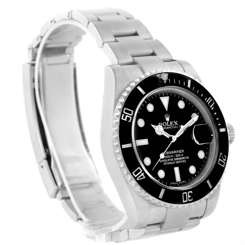 The image shows a Rolex Submariner 116610LN Men
s Stainless Steel Black Dial 116610LN Men
s Stainless Steel Black Dial watch from a three-quarter angle, displaying its bracelet, bezel, and dial clearly.