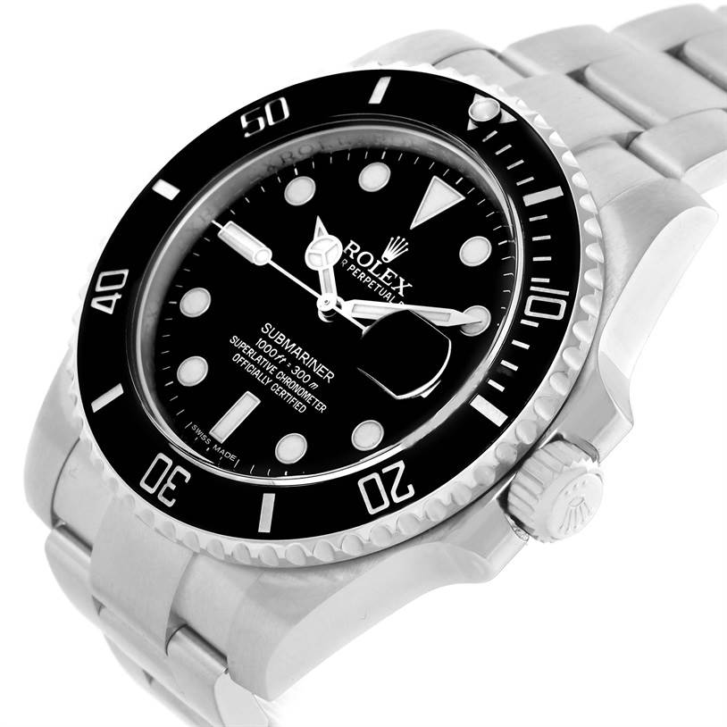 The image shows the dial, bezel, crown, and part of the bracelet of a Rolex Submariner 116610LN Men
s Stainless Steel Black Dial 116610LN Men
s Stainless Steel Black Dial watch at an angled view.