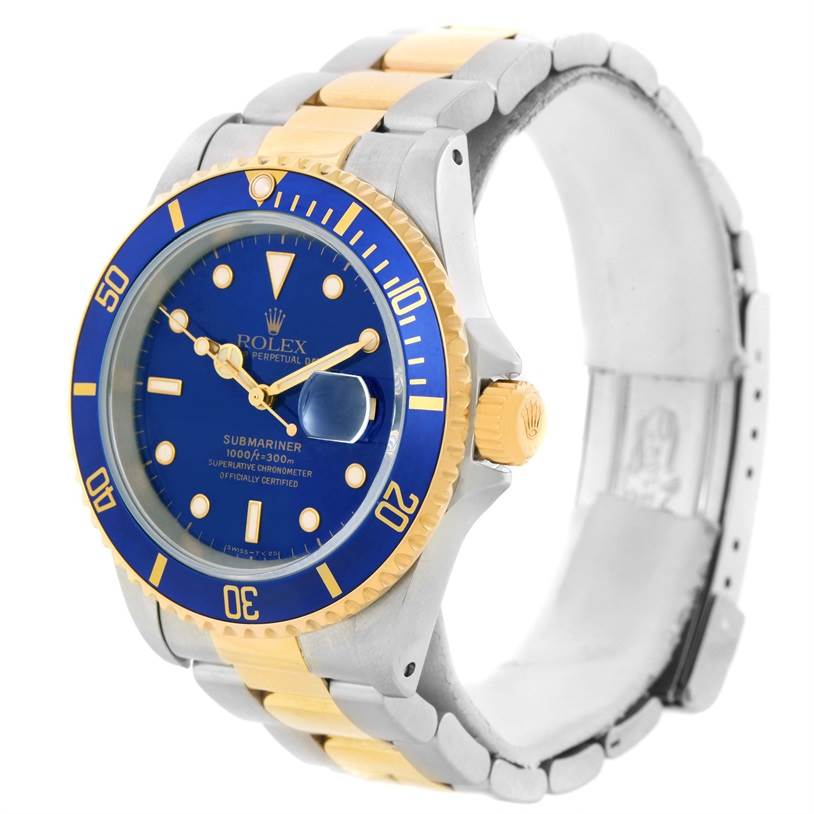The Rolex Submariner 16613 Men's Steel and Gold (two tone) Blue Dial 16613 Men's Steel and Gold (two tone) Blue Dial watch is shown at a near 3/4 angle, displaying its face, bezel, crown, and bracelet.