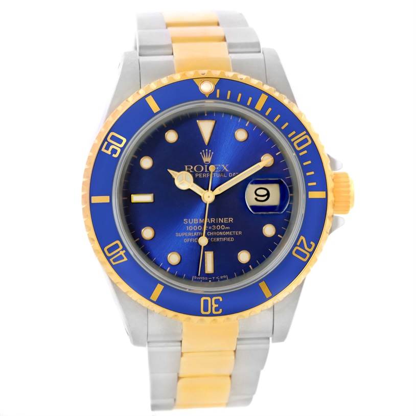 The image shows a front view of a Rolex Submariner 16613 Men's Steel and Gold (two tone) Blue Dial 16613 Men's Steel and Gold (two tone) Blue Dial watch displaying its blue face, date window, and two-tone bracelet. 