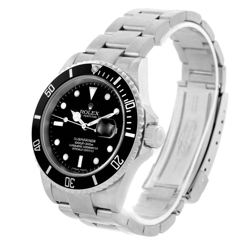The image shows a Rolex Submariner 16610 Men
s Stainless Steel Black Dial 16610 Men
s Stainless Steel Black Dial watch at a three-quarter angle, highlighting its dial, bezel, and bracelet.