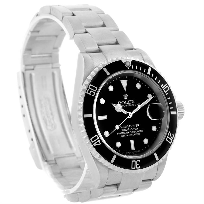 The image shows a side/front angle of a Rolex Submariner 16610 Men
s Stainless Steel Black Dial 16610 Men
s Stainless Steel Black Dial, displaying the dial, bezel, case, and part of the bracelet.