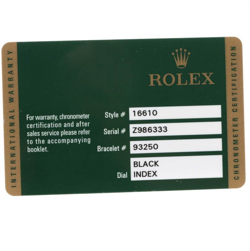 The image shows a Rolex Submariner 16610 Men
s Stainless Steel Black Dial 16610 Men
s Stainless Steel Black Dial international warranty card with details including style, serial, bracelet, and dial information.