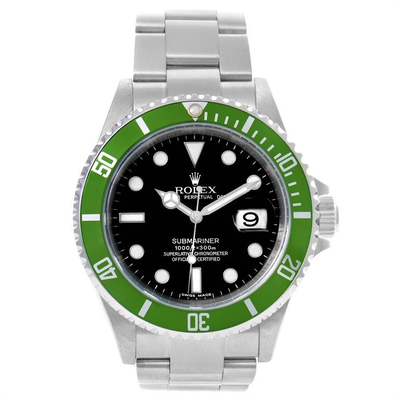 The Rolex Submariner 16610LV Men
s Stainless Steel Black Dial 16610LV Men
s Stainless Steel Black Dial watch is shown from a front angle, displaying the bezel, dial, hands, and bracelet.