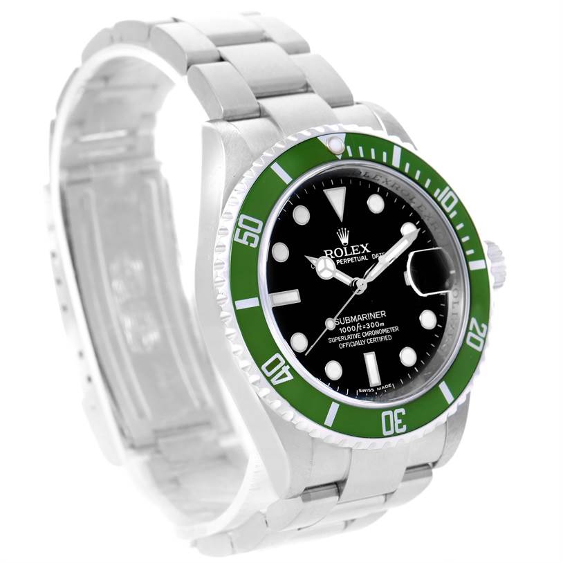 The image shows a Rolex Submariner 16610LV Men
s Stainless Steel Black Dial 16610LV Men
s Stainless Steel Black Dial watch from a front-left angle, highlighting its green bezel, black dial, and metal bracelet.