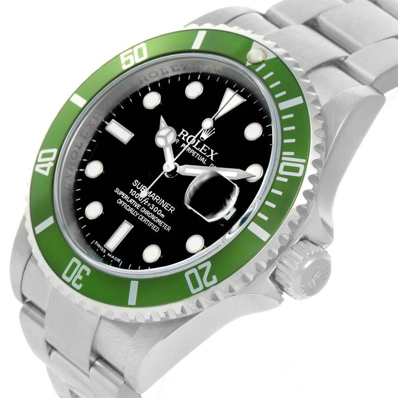 The image shows a close-up, angled view of the Rolex Submariner 16610LV Men
s Stainless Steel Black Dial 16610LV Men
s Stainless Steel Black Dial watch face, bezel, and part of the strap.