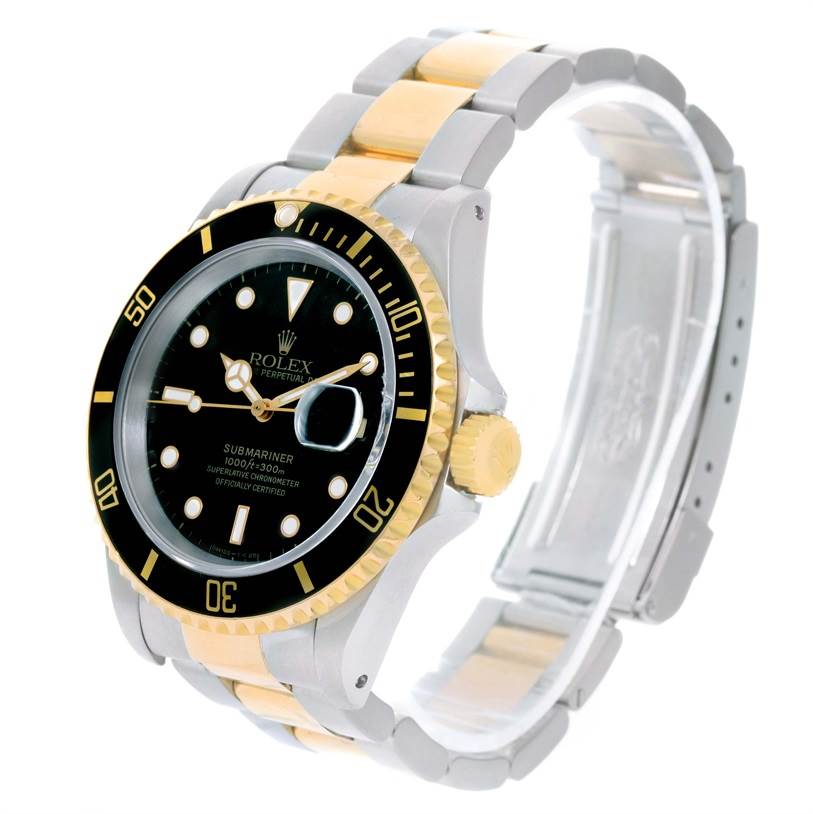 This image shows a side and front view of the Rolex Submariner 16613 Men's Steel and Gold (two tone) Black Dial 16613 Men's Steel and Gold (two tone) Black Dial watch, highlighting its black dial, gold bezel, and two-tone bracelet.