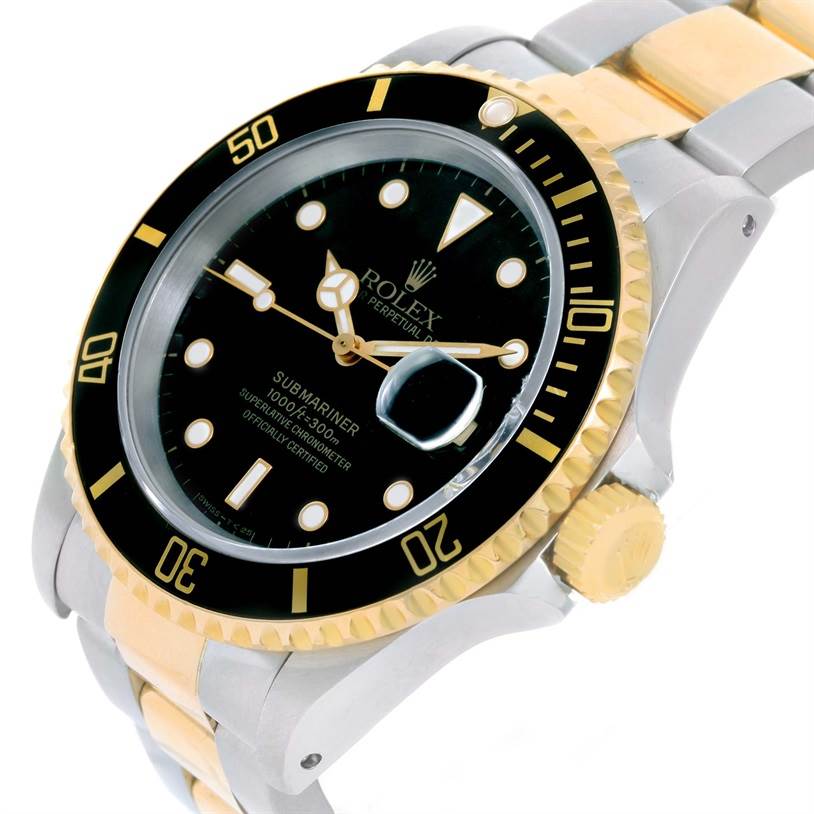 This image shows a Rolex Submariner 16613 Men's Steel and Gold (two tone) Black Dial 16613 Men's Steel and Gold (two tone) Black Dial watch at an angled side view, highlighting the bezel, dial, and part of the bracelet.