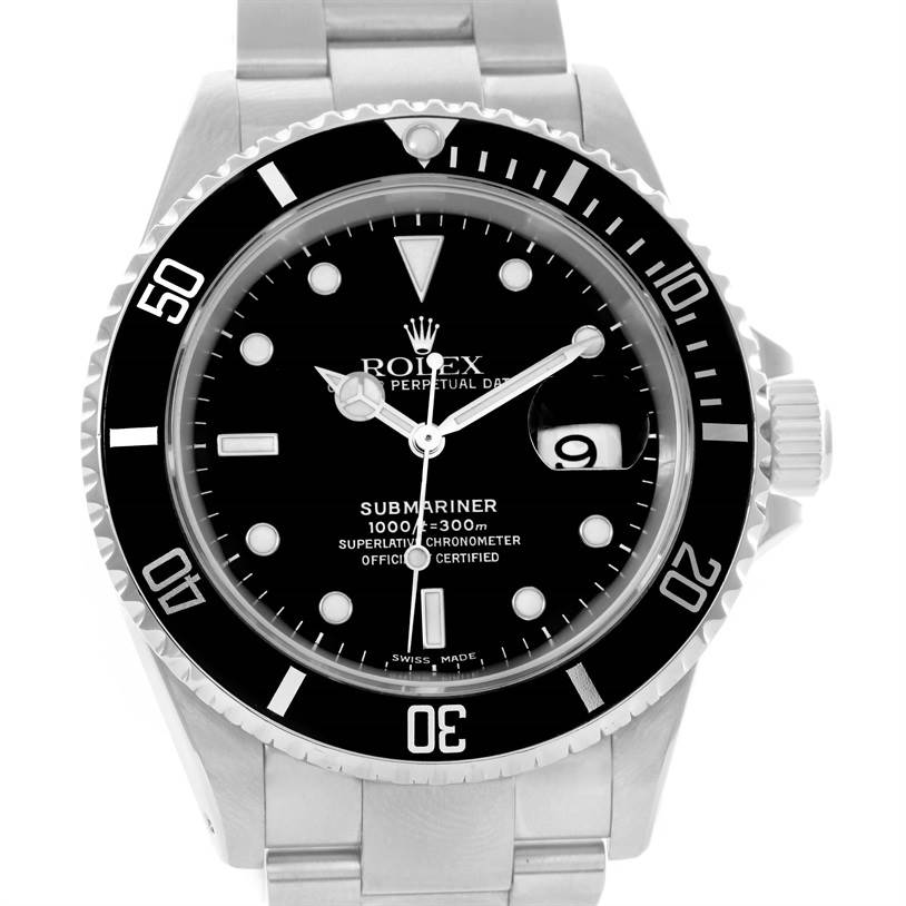 The image shows a front view of a Rolex Submariner 16610 Men
s Stainless Steel Black Dial 16610 Men
s Stainless Steel Black Dial watch, highlighting the dial, hands, bezel, and part of the bracelet.