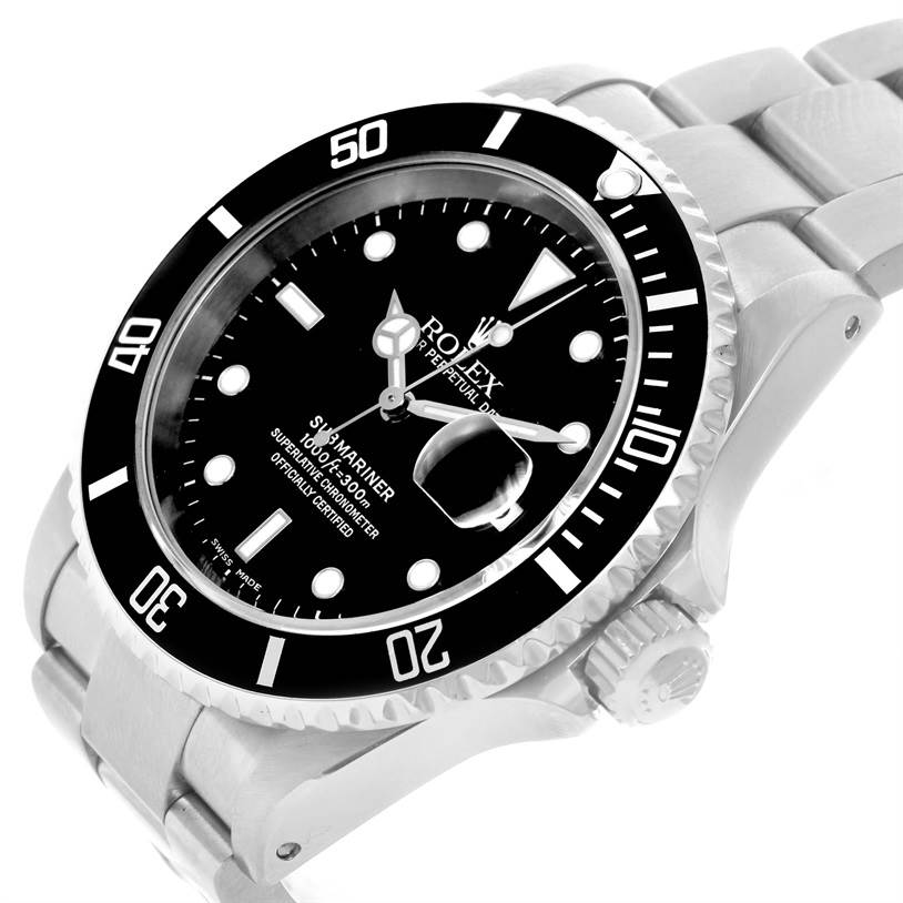 The image shows a Rolex Submariner 16610 Men
s Stainless Steel Black Dial 16610 Men
s Stainless Steel Black Dial watch at an angled side view focusing on the face, bezel, and part of the bracelet.