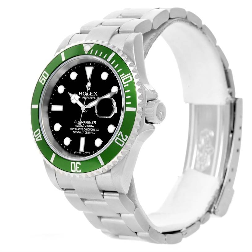 The Rolex Submariner 16610LV Men
s Stainless Steel Black Dial 16610LV Men
s Stainless Steel Black Dial watch is shown from a front-left angle, highlighting the green bezel, black dial, crown, and bracelet.
