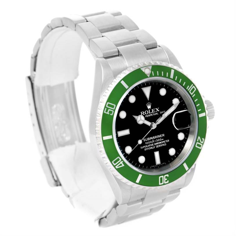 The image shows a silver Rolex Submariner 16610LV Men
s Stainless Steel Black Dial 16610LV Men
s Stainless Steel Black Dial watch, angled to display its green bezel, black dial, and bracelet.
