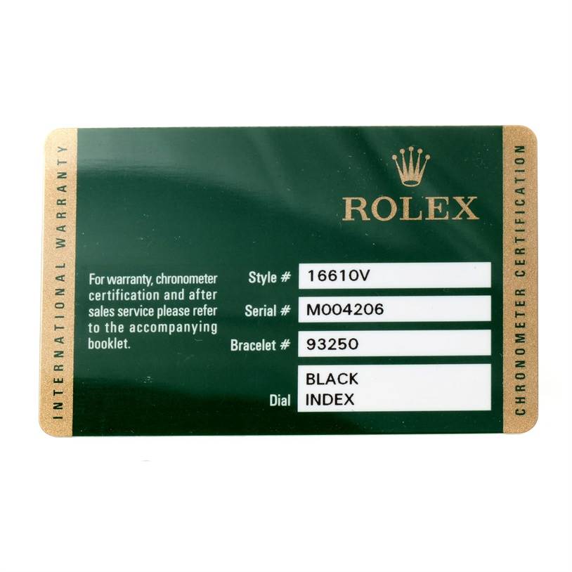 The image shows the warranty and certification card for a Rolex Submariner 16610LV Men
s Stainless Steel Black Dial 16610LV Men
s Stainless Steel Black Dial model 16610V.