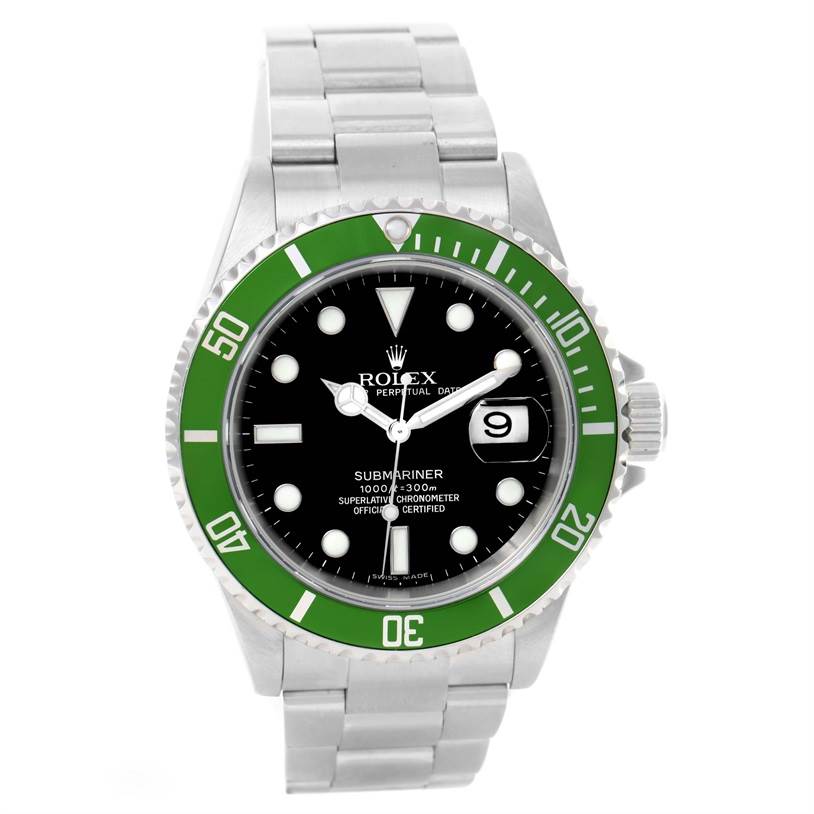 The image shows a Rolex Submariner 16610LV Men
s Stainless Steel Black Dial 16610LV Men
s Stainless Steel Black Dial watch from the front, highlighting the green bezel, black dial, and bracelet.