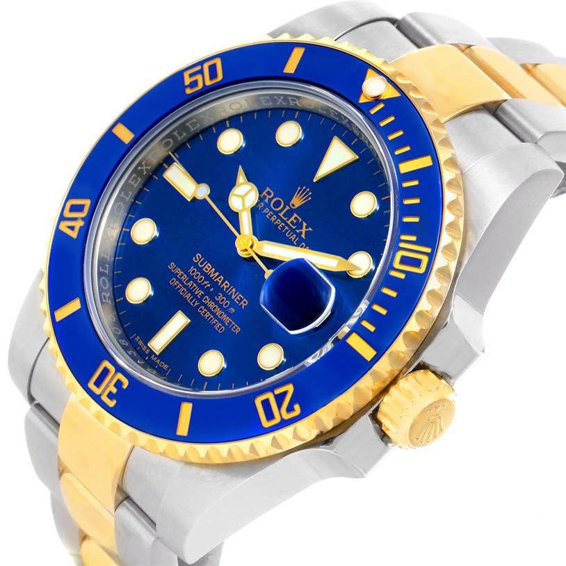 The Rolex Submariner 116613 Men's Steel and Gold (two tone) Blue Dial 116613 Men's Steel and Gold (two tone) Blue Dial watch is shown at an angle displaying its blue bezel, dial, and two-tone band with golden crown.