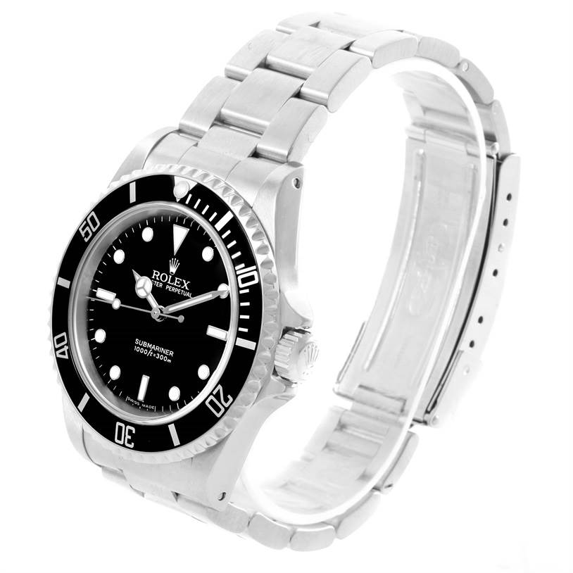 The Rolex Submariner 14060 Men
s Stainless Steel Black Dial 14060 Men
s Stainless Steel Black Dial watch is shown at a slight tilt, clearly displaying the face, bezel, crown, and parts of the bracelet.