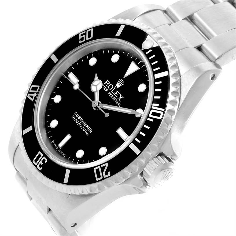 This Rolex Submariner 14060 Men
s Stainless Steel Black Dial 14060 Men
s Stainless Steel Black Dial watch is shown at an angled perspective highlighting the bezel, dial, and bracelet.