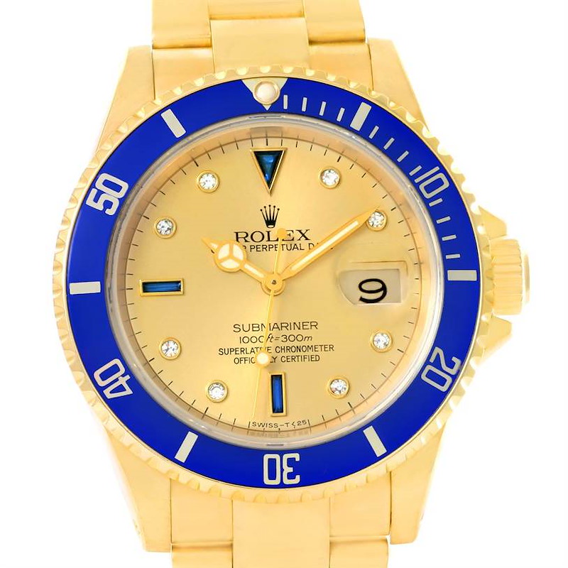 Rolex Submariner 18k Yellow Gold Diamond Sapphire Serti Watch 16618 SwissWatchExpo