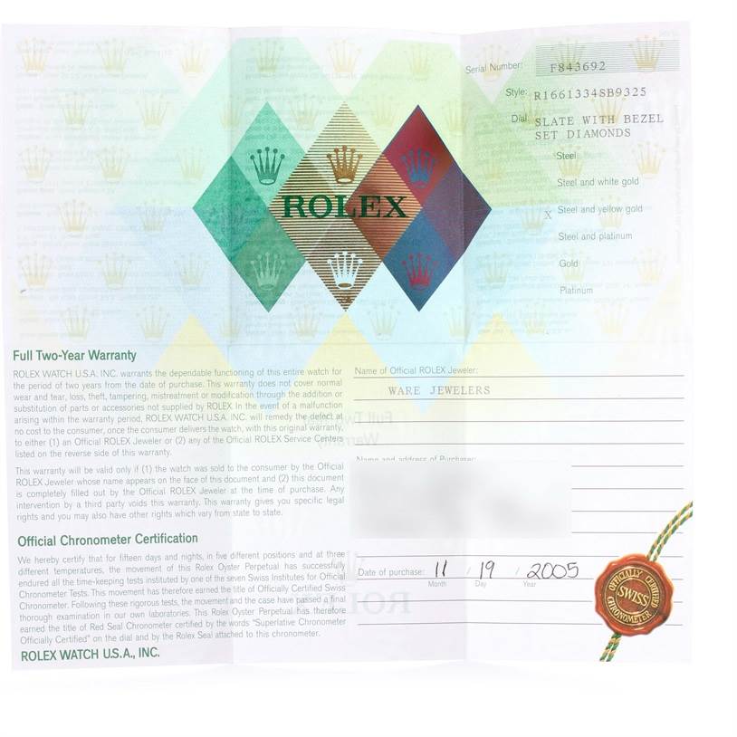 The image shows the warranty card and certification for a Rolex Submariner 16613 Men's Steel and Gold (two tone) Grey Dial 16613 Men's Steel and Gold (two tone) Grey Dial model watch.