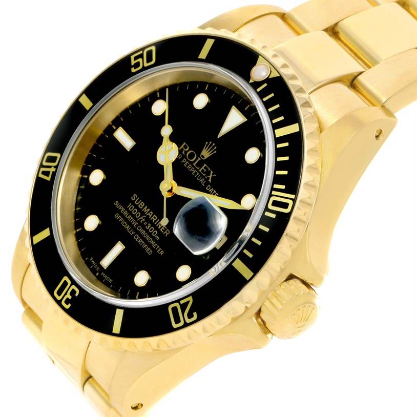 The image shows a close-up angle of the Rolex Submariner 16618 Men
s Yellow Gold Black Dial 16618 Men
s Yellow Gold Black Dial watch, highlighting the gold case, black dial, bezel, and cyclops lens over the date.