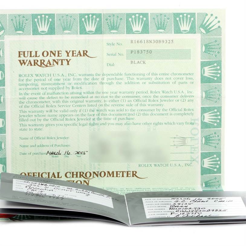 This image shows the warranty card for a Rolex Submariner 16618 Men
s Yellow Gold Black Dial 16618 Men
s Yellow Gold Black Dial watch, revealing details like the model number and date of purchase.