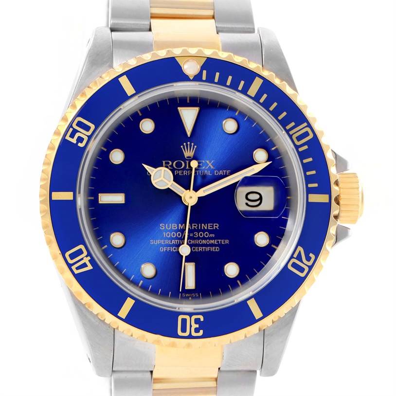The image shows a frontal view of a Rolex Submariner 16613 Men's Steel and Gold (two tone) Blue Dial 16613 Men's Steel and Gold (two tone) Blue Dial watch, highlighting the bezel, dial, hands, and bracelet.