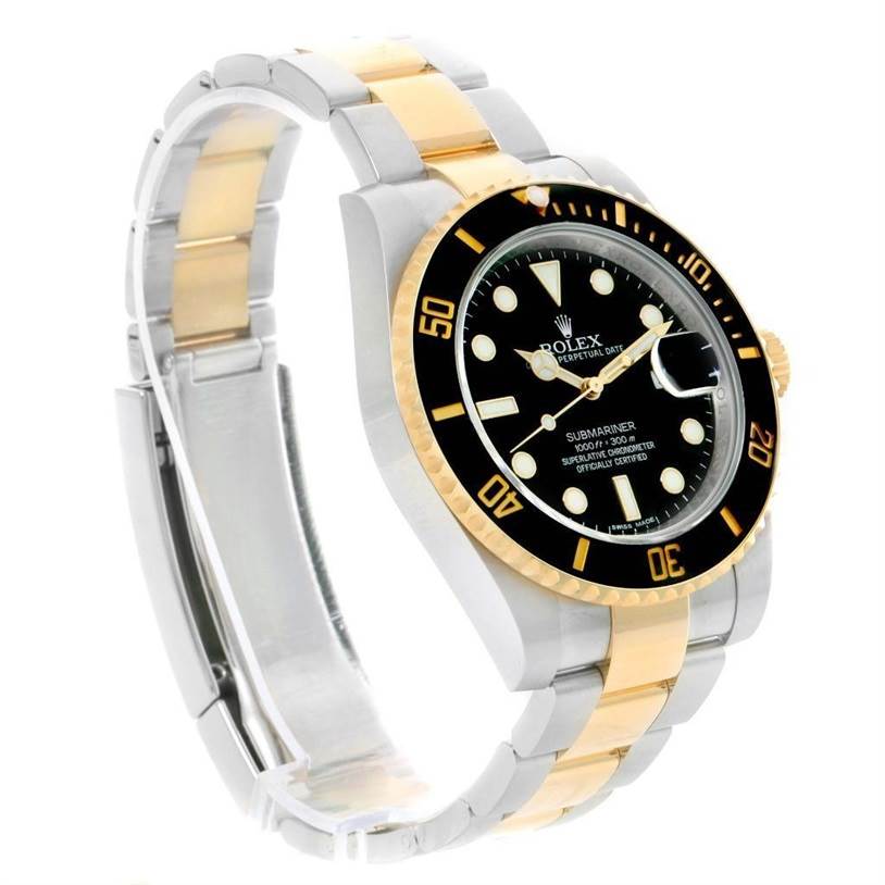 This image shows a side angle of a Rolex Submariner 116613 Men
s Steel and Gold (two tone) Black Dial 116613 Men
s Steel and Gold (two tone) Black Dial watch, highlighting its dial, bezel, crown, and two-tone bracelet.