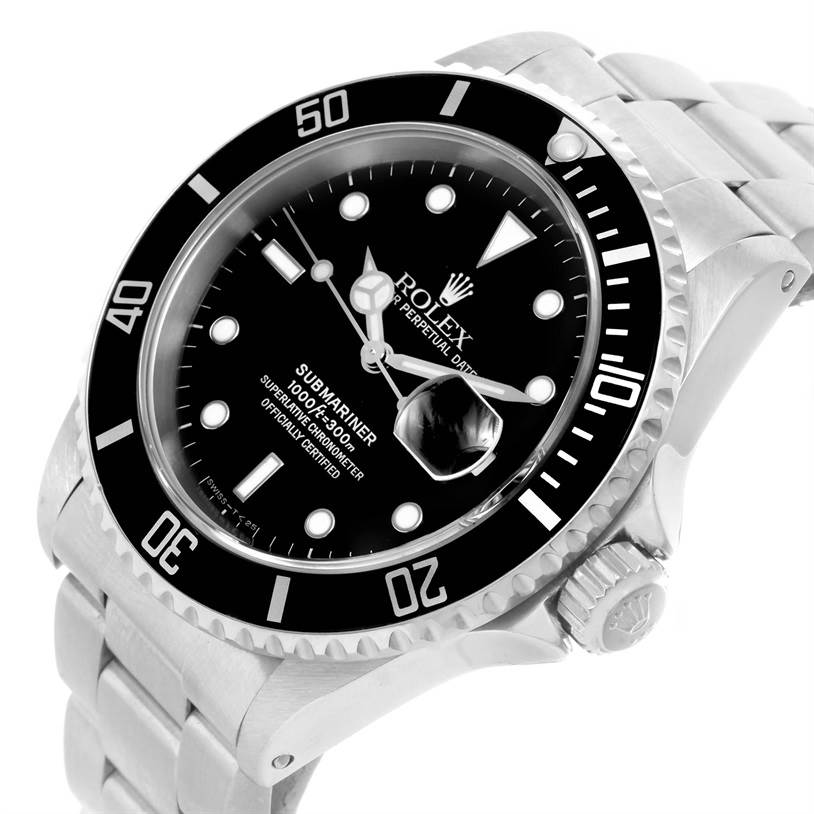 The image shows a Rolex Submariner 16610 Men
s Stainless Steel Black Dial 16610 Men
s Stainless Steel Black Dial watch at an angled close-up, highlighting the dial, bezel, and part of the bracelet.