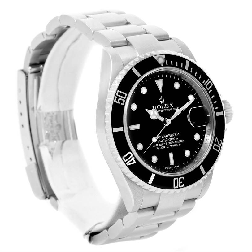 The Rolex Submariner 16610 Men
s Stainless Steel Black Dial 16610 Men
s Stainless Steel Black Dial watch is shown at a three-quarter angle, highlighting its face, bezel, and stainless steel bracelet.