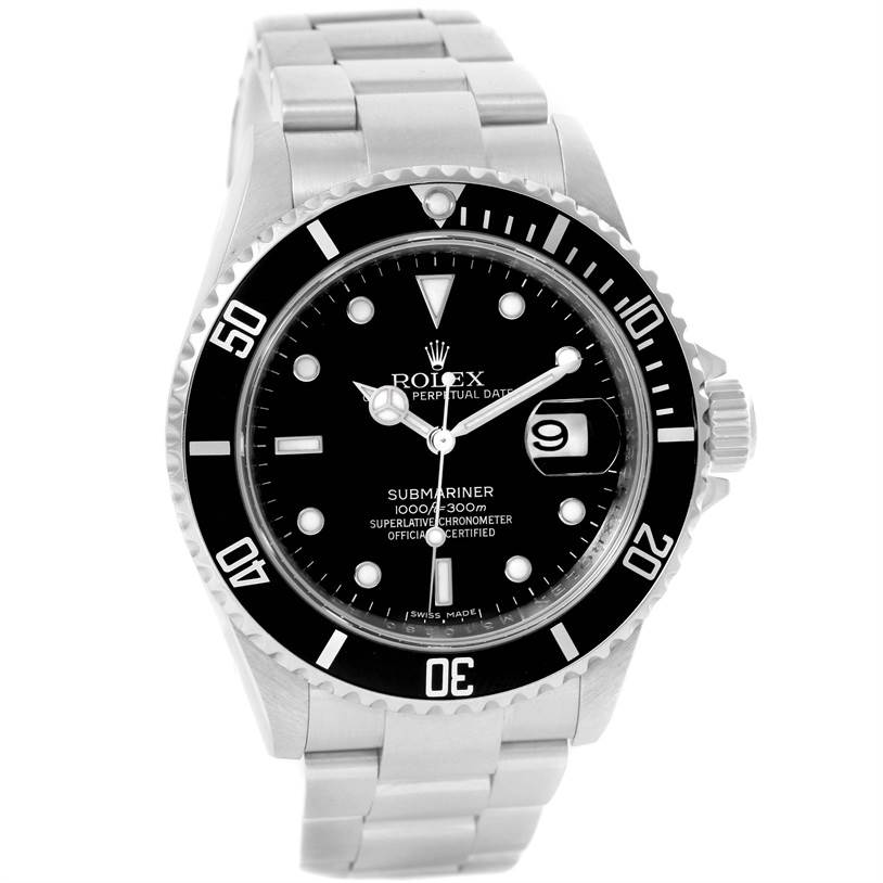 The image shows a frontal view of the Rolex Submariner 16610 Men
s Stainless Steel Black Dial 16610 Men
s Stainless Steel Black Dial, highlighting the dial, bezel, and bracelet.
