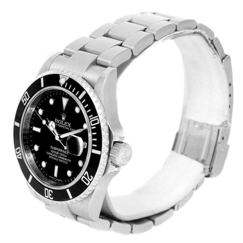 This image shows a Rolex Submariner 16610 Men
s Stainless Steel Black Dial 16610 Men
s Stainless Steel Black Dial watch at a three-quarter angle, highlighting the face, bezel, crown, and stainless steel bracelet.