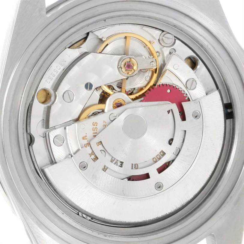 This image shows the internal mechanical movement of a Rolex Submariner 14060 Men
s Stainless Steel Black Dial 14060 Men
s Stainless Steel Black Dial watch from a back view angle.