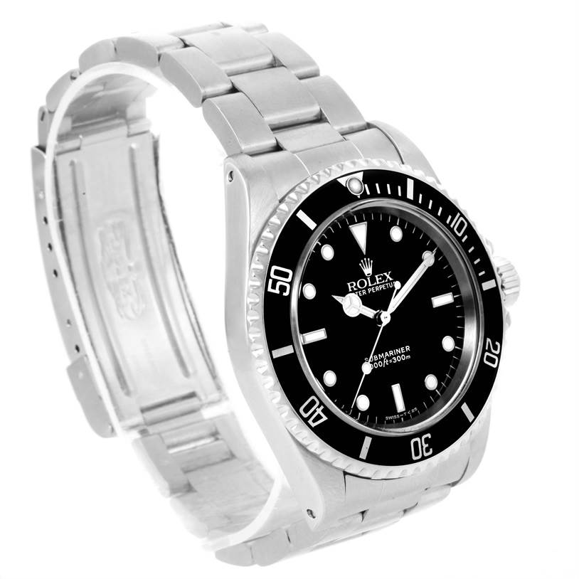 This image shows a Rolex Submariner 14060 Men
s Stainless Steel Black Dial 14060 Men
s Stainless Steel Black Dial watch at a three-quarter angle, highlighting the watch face, bezel, crown, and bracelet.